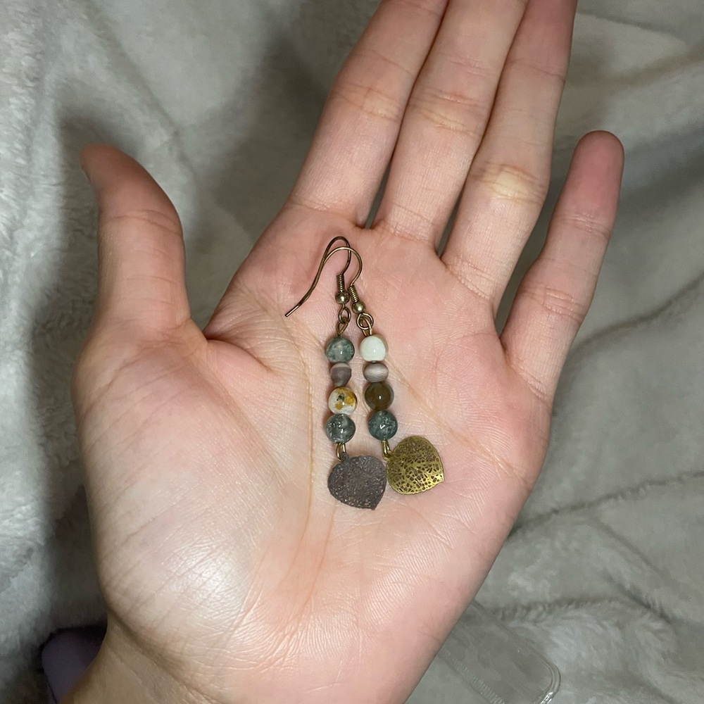 Handmade Beaded Moss Agate Dangle Earrings With Leaf Charms